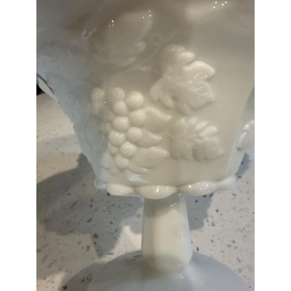 Westmoreland Paneled Grape Milk Glass Footed Compote Bowl Ruffled Mid Century